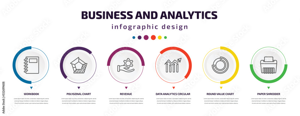 Aufkleber business and analytics infographic element with icons and 6 step or option. business and analytics i
