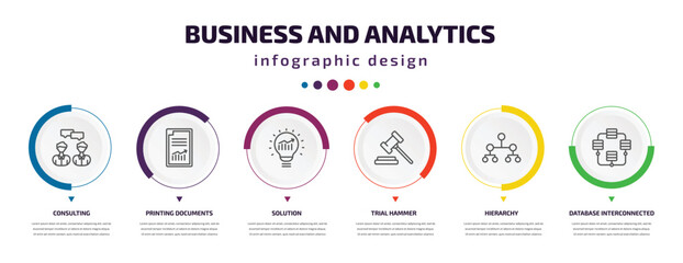 business and analytics infographic element with icons and 6 step or option. business and analytics icons such as consulting, printing documents, solution, trial hammer, hierarchy, database