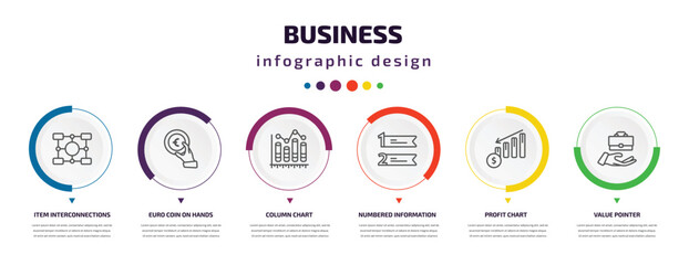 business infographic element with icons and 6 step or option. business icons such as item interconnections, euro coin on hands, column chart, numbered information, profit chart, value pointer