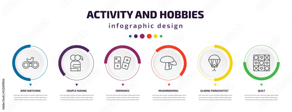 Poster activity and hobbies infographic element with icons and 6 step or option. activity and hobbies icons