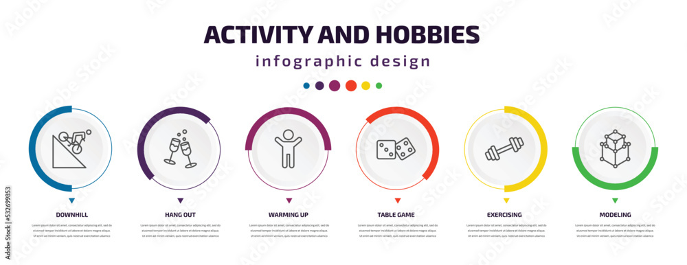 Poster activity and hobbies infographic element with icons and 6 step or option. activity and hobbies icons