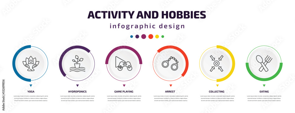 Aufkleber activity and hobbies infographic element with icons and 6 step or option. activity and hobbies icons