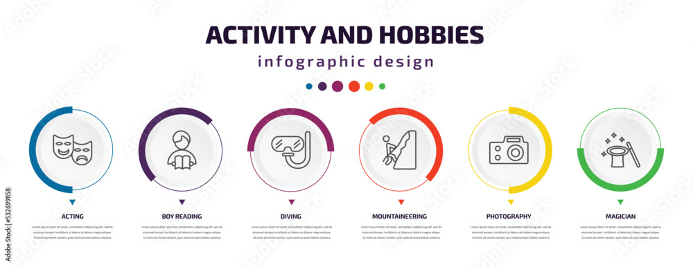 Poster activity and hobbies infographic element with icons and 6 step or option. activity and hobbies icons