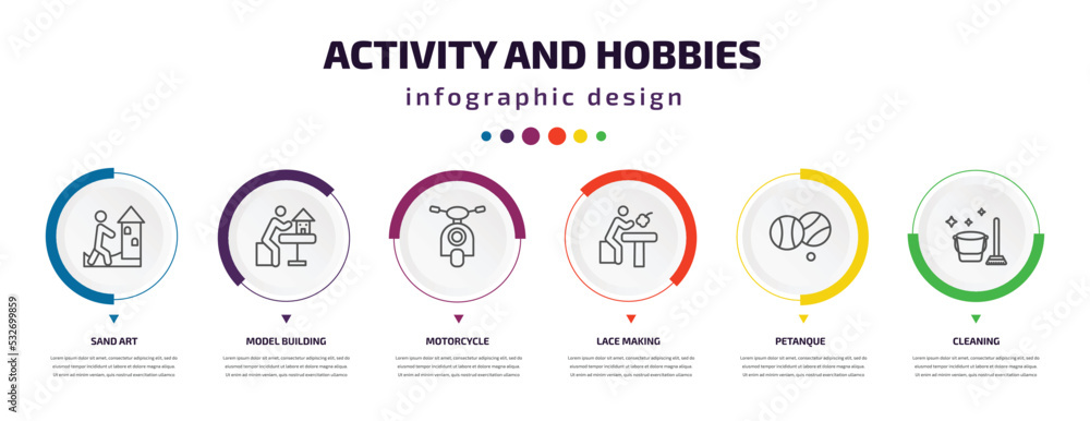Poster activity and hobbies infographic element with icons and 6 step or option. activity and hobbies icons