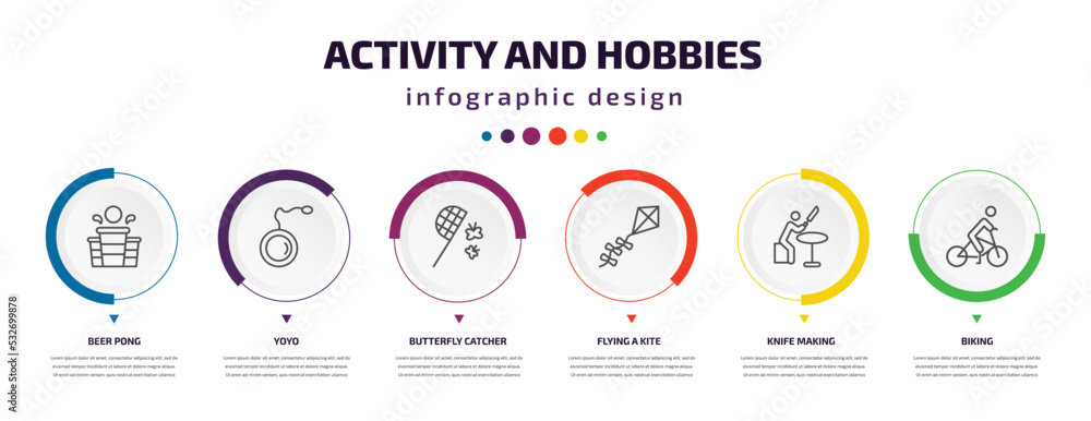 Poster activity and hobbies infographic element with icons and 6 step or option. activity and hobbies icons