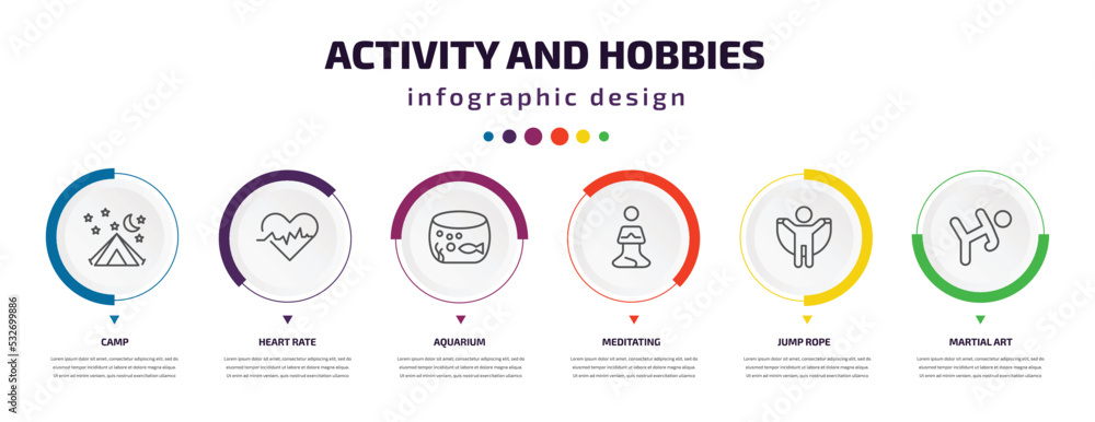 Poster activity and hobbies infographic element with icons and 6 step or option. activity and hobbies icons