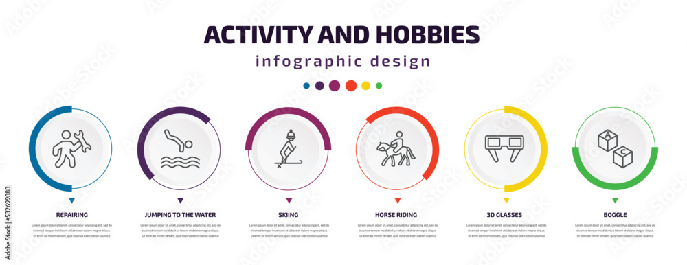Aufkleber activity and hobbies infographic element with icons and 6 step or option. activity and hobbies icons
