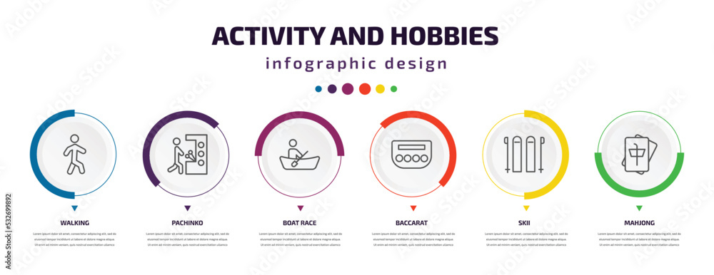 Poster activity and hobbies infographic element with icons and 6 step or option. activity and hobbies icons