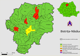 Vector map of the administrative divisions of Bistrita Nasaud county with communes, city, municipalities, county seats  