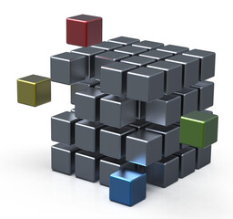 decision matrix - organisation matrix matte steel cubes and  moved out different blue green red and yellow cubes 3D rendering isolated slight reflection