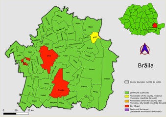 Vector map of the administrative divisions of Braila  county with communes, city, municipalities, county seats  