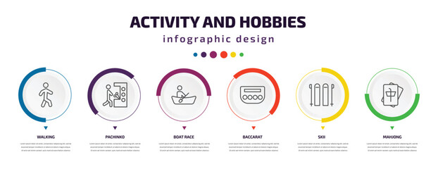 activity and hobbies infographic element with icons and 6 step or option. activity and hobbies icons such as walking, pachinko, boat race, baccarat, skii, mahjong vector. can be used for banner,