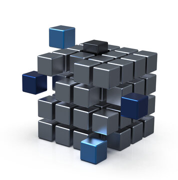 Decision Matrix - Organisation Matrix Matte Steel Cubes And  Moved Out Different Blue Cubes 3D Rendering  Isolated Slight Reflection