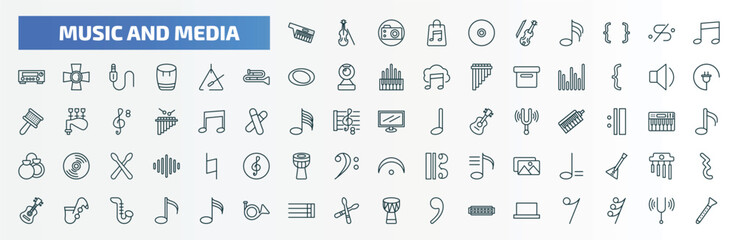 special lineal music and media icons set. outline icons such as keytar, dvd disc, eighth note, music triangle, low volume speaker, television screen off, minim, jazz, bold double bar line, half rest