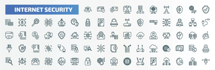 special lineal internet security icons set. outline icons such as rotate camera, proxy server, antivirus, virtual private network, local network, network adminstrator, traffic encryption, padlock,