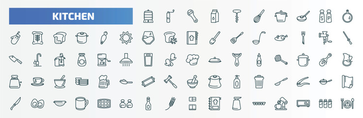 special lineal kitchen icons set. outline icons such as steamer, corkscrew, chopping board, pastry bag, meat grinder, chef hat, sugar sifter, eggs, ketchup, ice cube tray line icons.
