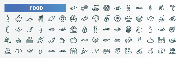 special lineal food icons set. outline icons such as sushi and chopsticks, chow mein, cocktail on a glass, loaf of bread, hamburger and drink, bistro, pint, two eggs, recycling bottles, drive