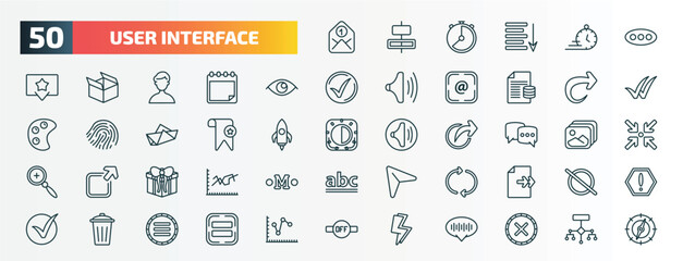 Fototapeta na wymiar set of 50 special lineal user interface icons. outline icons such as envelope, more, visible, forward, bookmark, bubble speech, giftbox, reload, eliminar, lightining line icons.