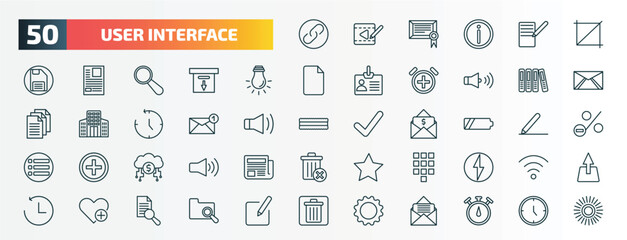 set of 50 special lineal user interface icons. outline icons such as link button, crop button, tungsten, office folders, new email envelope, battery medium charge, digital currency, telephone