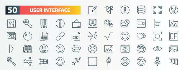 Fototapeta na wymiar set of 50 special lineal user interface icons. outline icons such as compose, shocked smile, blackboard with, object alignment, images interface, add to favorite, insolent, video in browser,