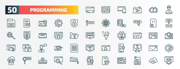 Fototapeta na wymiar set of 50 special lineal programming icons. outline icons such as code terminal, developer, encryption, js, bug report, command, seo consulting, app, advertising, seo report line icons.
