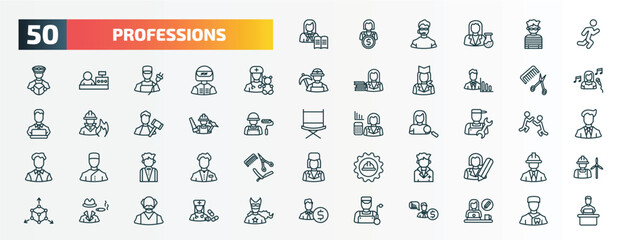 set of 50 special lineal professions icons. outline icons such as teacher, athlete, pediatrician, hairdresser, carpenter, plumber, butler, doctor, mafia, welder line icons.