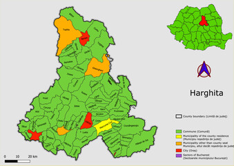 Vector map of the administrative divisions of Harghita county with communes, city, municipalities, county seats  
