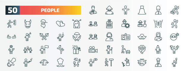 set of 50 special lineal people icons. outline icons such as tumb up business man, businessman dancing, japanese geisha, torso, ticket collector, pirate head, man holding a flag, person mowing the