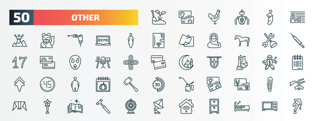Fototapeta na wymiar set of 50 special lineal other icons. outline icons such as garden work, paragraph aa, women's bathroom, plumbering, studying zone, labaratory, overweight, idea business card, star prize, smarthome