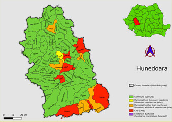 Vector map of the administrative divisions of Hunedoara county with communes, city, municipalities, county seats  