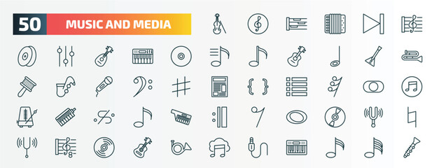 set of 50 special lineal music and media icons. outline icons such as violoncello, stave, dvd disc, balalaika, bass clef, thirty second note rest, segno, whole, octave, jack connector line icons.