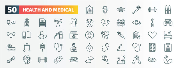set of 50 special lineal health and medical icons. outline icons such as medical checklist, ampoule, patient robe, electric toothbrush, serum, nutrition, salt, surgery, health care, neurology line