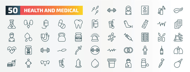 set of 50 special lineal health and medical icons. outline icons such as sperm, pancreas, teeth, beat, kettlebell, contraceptive pills, exercise, rings, fat, urine line icons.