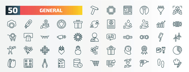 Fototapeta na wymiar set of 50 special lineal general icons. outline icons such as nail puller, model preparation, gift box with ribbon, marketing strategy, marketing budget, binocular, smart home hub, patience, hob,