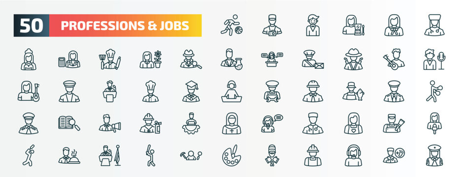 set of 50 special lineal professions & jobs icons. outline icons such as basketball player, physician assistant, detective, musician, chef, fisherman, marketing manager, surgeon, waiter, lumberjack