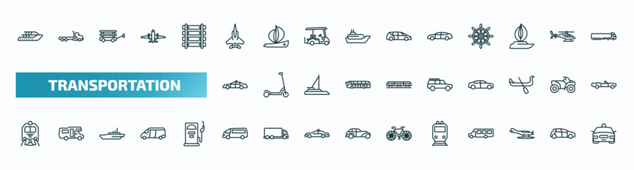 set of 40 special lineal transportation icons. outline icons such as yacht, army airplane, automobile, police car, off road, train front, minibus, metro, hydroplane, taxi line icons.