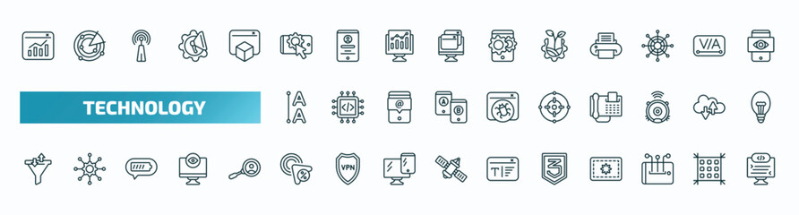 set of 40 special lineal technology icons. outline icons such as data visualization, interaction, organic, leading, center focus, sales funnel, click through rate, css3, content curation,