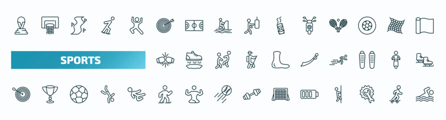 set of 40 special lineal sports icons. outline icons such as world cup, bullseye, motor sports, two boxing gloves, saber, dartboard with dart, ice skating man, batter, equipment, swimming figure