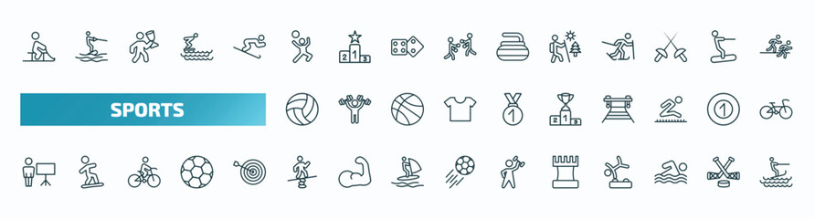 set of 40 special lineal sports icons. outline icons such as person riding on sleigh, man playing volleyball, adventure, volleyball, podium with cup, training, man balancing, tower from a chess,