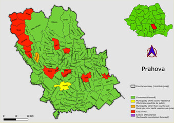 Vector map of the administrative divisions of Prahova county with communes, city, municipalities, county seats  