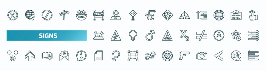 set of 40 special lineal signs icons. outline icons such as percentage discount, under, tent, alarm, subscript, therefore, copying, gun, is less than, align left line icons.