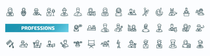 set of 40 special lineal professions icons. outline icons such as lawyer, concierge, boxer, telemarketer, bouncer, hairdresser, secretary, actor, physician assistant, graduated line icons.