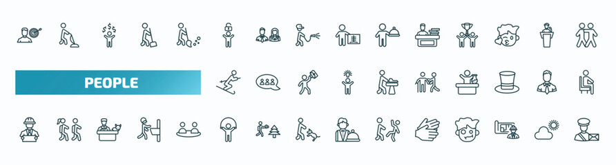 Obraz na płótnie Canvas set of 40 special lineal people icons. outline icons such as man with target, man with open lock, working at the office, ski stick man, help the elderly, architech working, playing with a rope,