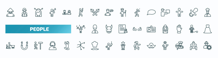 set of 40 special lineal people icons. outline icons such as chinese man, man attacking, chat balloon, man celebrating, identification pass, father and son shopping, complex, pirate head, traffic