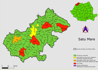 Obraz premium Vector map of the administrative divisions of Satu Mare county with communes, city, municipalities, county seats 