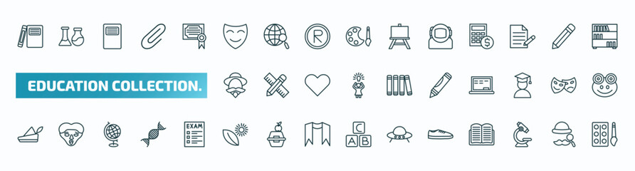 set of 40 special lineal education collection. icons. outline icons such as hardbound book variant, comedy mask, astronaut, don quixote, crayon, robin hood, photosynthesis, shoe, microscope,