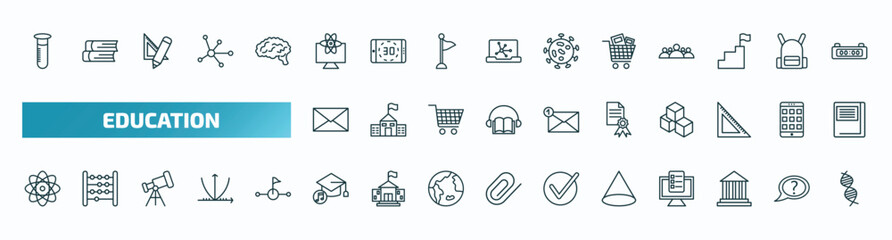 set of 40 special lineal education icons. outline icons such as full test tube, educational platform, cart with books, closed envelope, sealed diploma, atomic orbitals, graduation's music, cone
