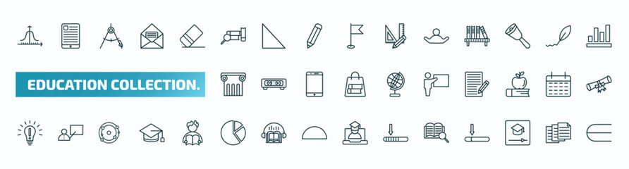 set of 40 special lineal education collection. icons. outline icons such as gaussian function, research with books, open arms, greek pillar, teach, having an idea, pie chart, book and magnifying,