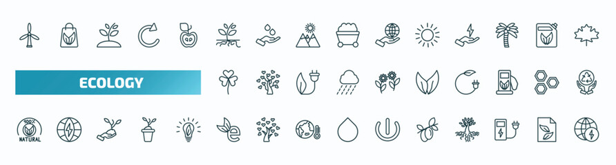 set of 40 special lineal ecology icons. outline icons such as wind mills, plant and root, sunlight, shamrock, two leaves, 100 percent natural, eco e, olives on a branch, electric station, energy