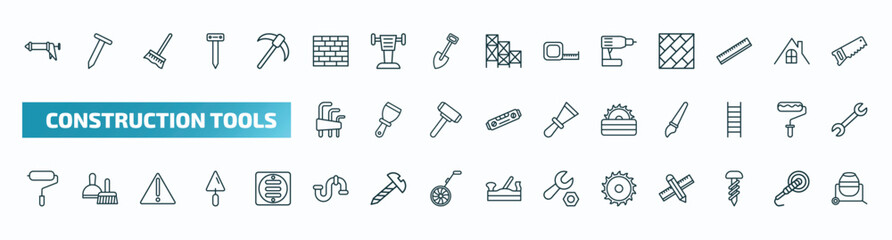 set of 40 special lineal construction tools icons. outline icons such as caulk gun, brick wall, cordless drill, allen keys, carpenter cutter, paint roller, plumbing, blade saw, garage screw,